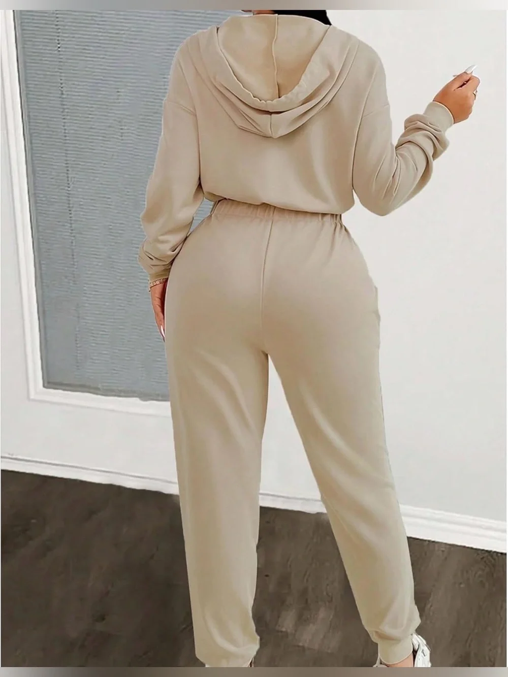 Women's Zip Up Hooded Jumpsuit Drawstring Long Sleeve Overall with Pockets - Picture 2 of 4